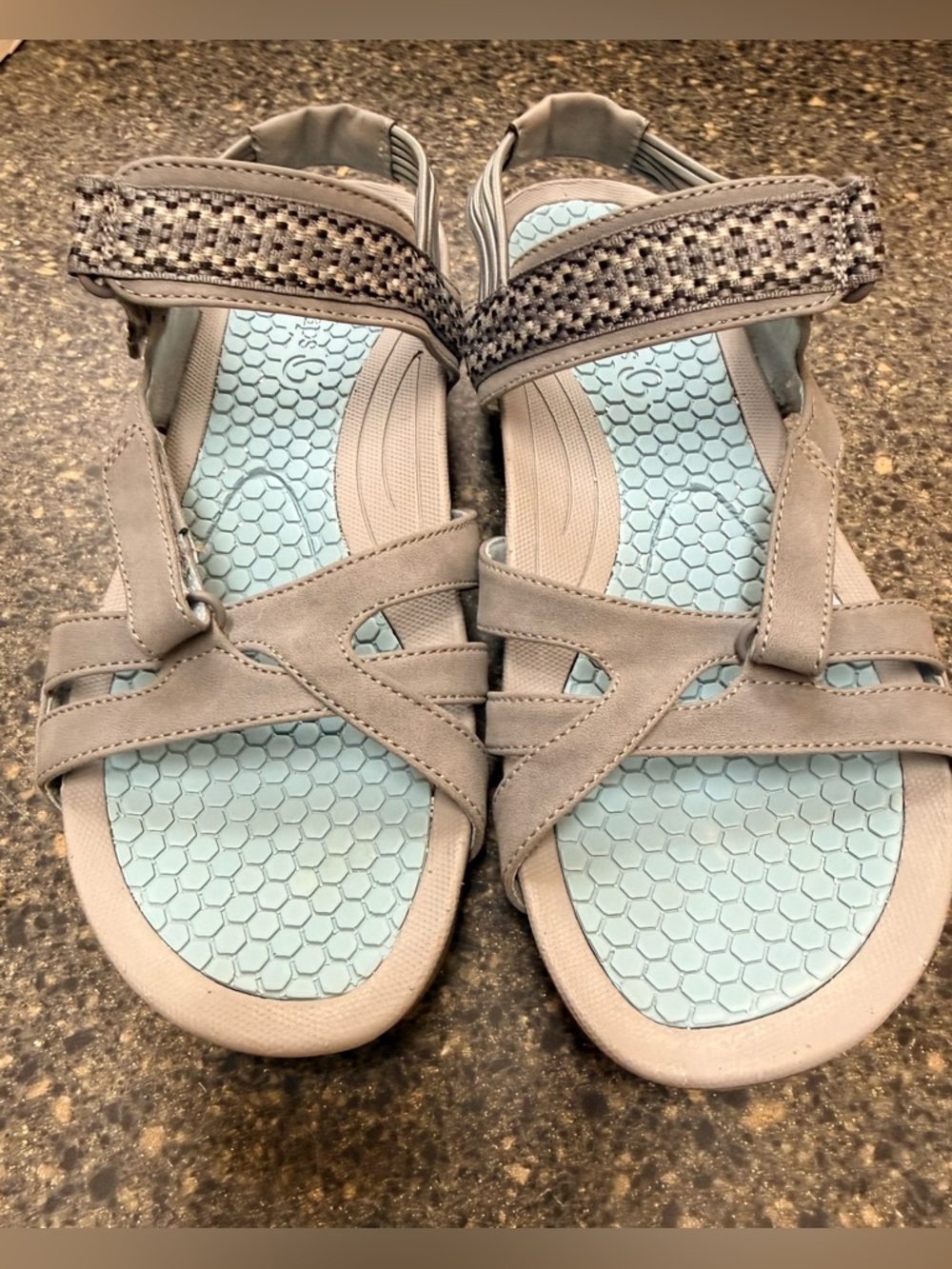 BareTraps Women's Gray Beach Sandals with Light Blue Footbed